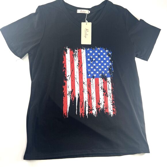 Roshop Distressed American Flag Black T-Shirt Women’s Size L - Picture 1 of 11